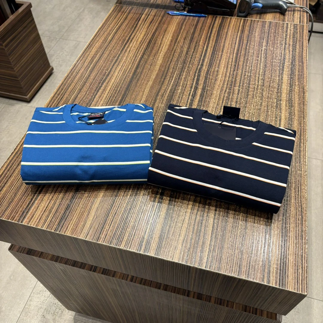 福福意大利不退换保鲨男士休闲简约拼色条纹T恤男装蓝色圆领上衣