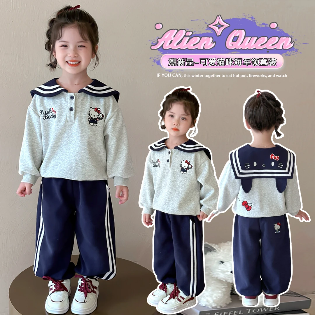 女童春秋学院风套装新款儿童洋气小女孩秋季猫咪海军领卫衣两件套