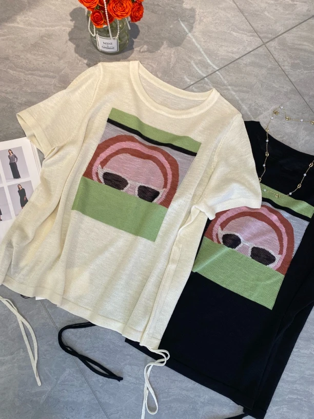 水淼2025/夏新品女士0378时尚大码毛织T恤显瘦针织套头设计感