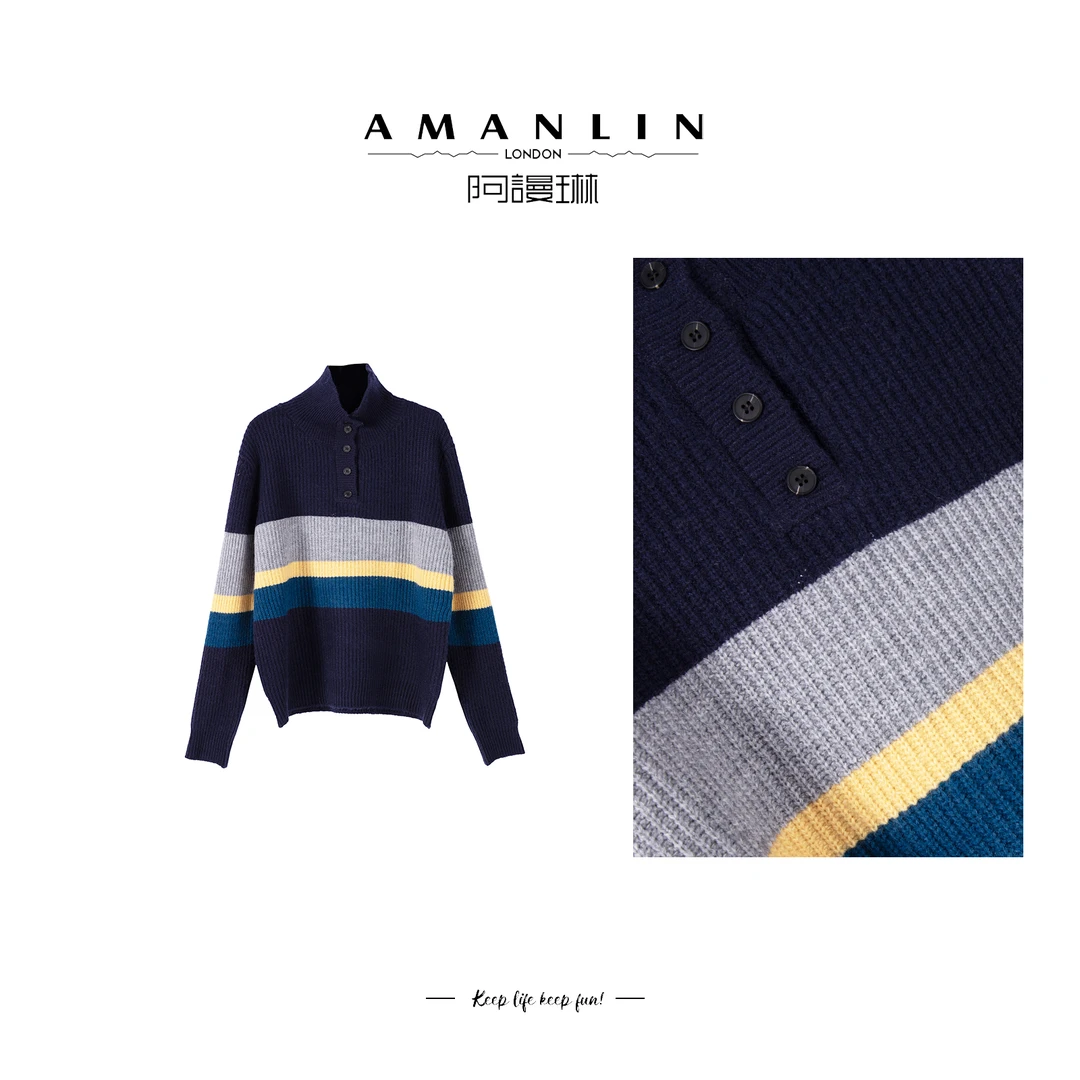 【AMANLIN】撞色时尚欧若风套头拼接立领毛衣针织上衣百搭F595078