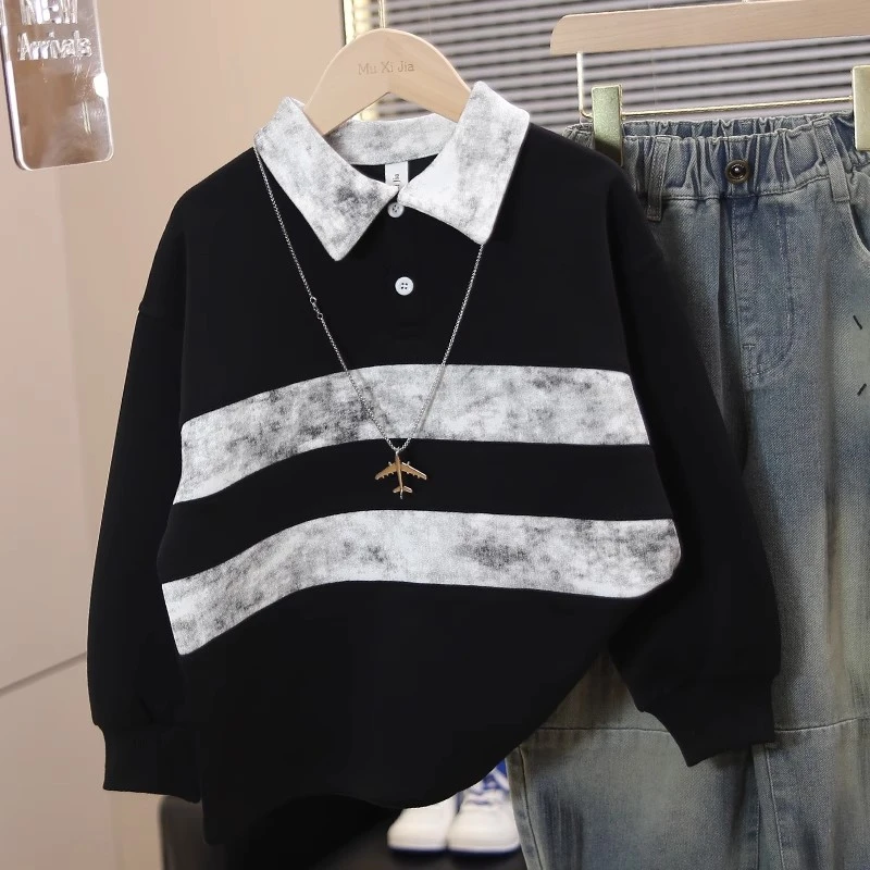 儿童装男童秋装POLO衫卫衣2025新款大童春秋冬款男孩加绒打底上衣