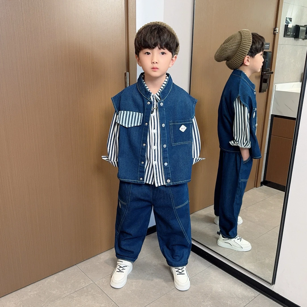 男童春秋牛仔套装2025儿童条纹工装痞帅气童装男孩炸街三件套秋装