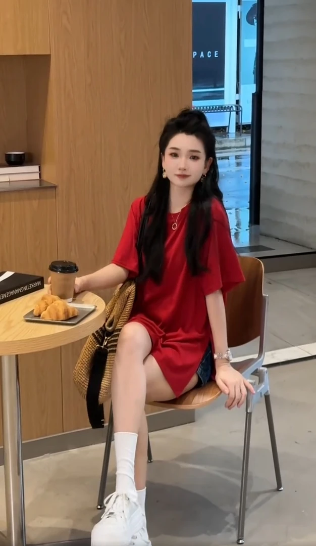 2025春夏季新款中长款短袖女T恤宽松下摆开叉纯色半袖女上衣