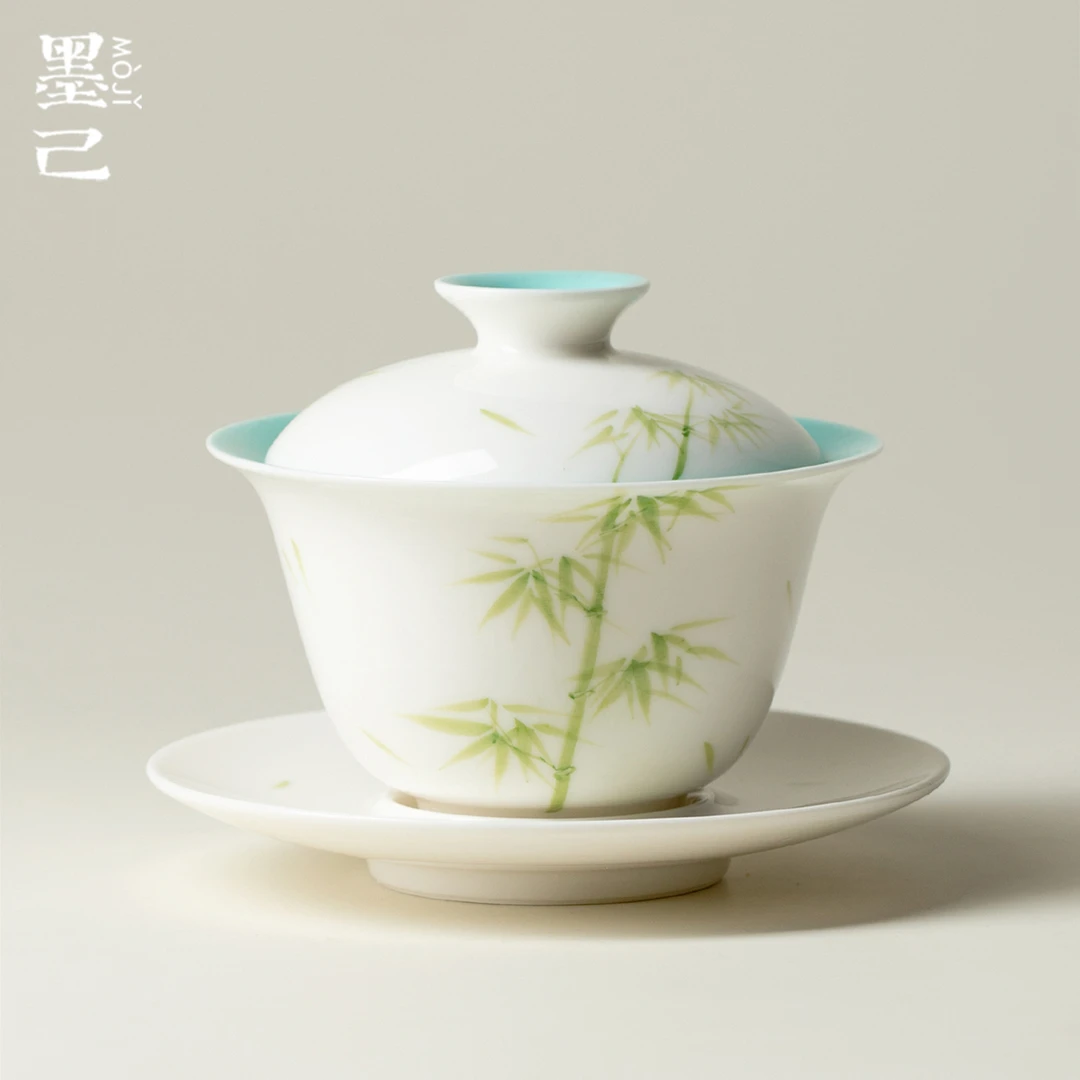墨己玉泥手绘竹子陶瓷三才盖碗功夫茶具家用内釉松石绿敬茶碗盖碗