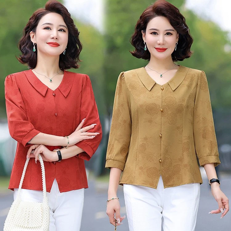 时尚洋气中年女装衬衫遮肚显瘦中老年妈妈装小衫中袖衬衣母亲上衣