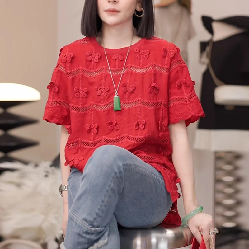 立体花朵镂空t恤女2025夏季时尚减龄宽松遮肉设计感显瘦短袖上衣