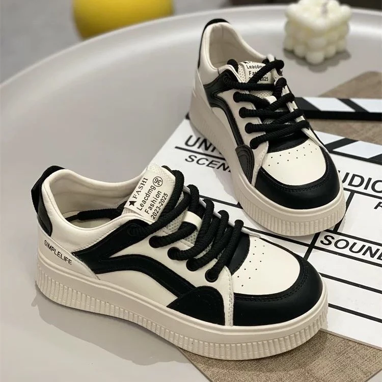 8092-5新款百搭真皮透气休闲运动板鞋小白鞋女厚底学院风饼干鞋