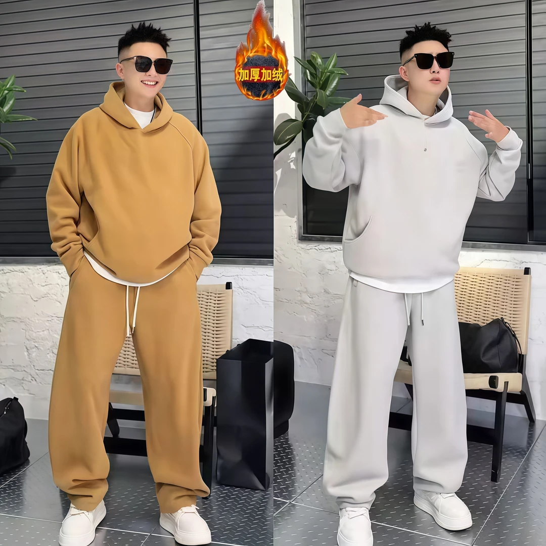 冬季新款加绒加厚潮牌时尚连帽休闲运动套装男百搭卫衣卫裤两件套