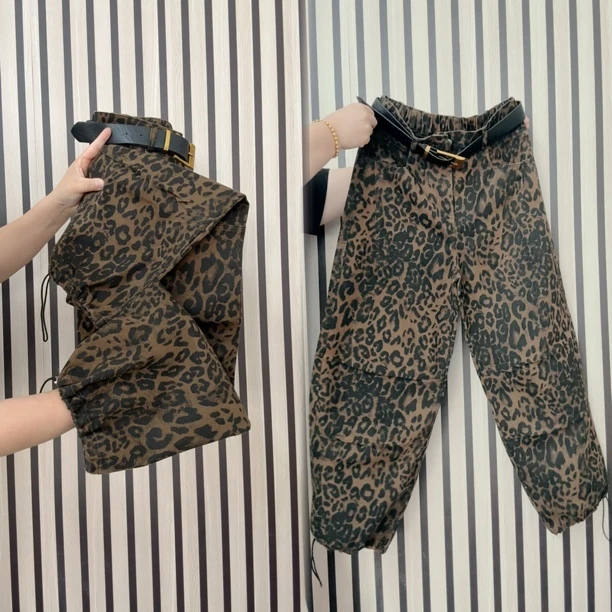 欧货豹纹休闲裤女百搭显瘦梨形身材宽松复古萝卜裤九分裤哈伦裤潮