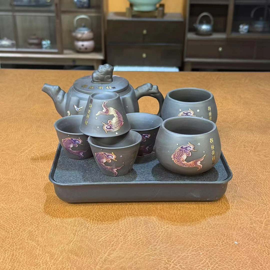 心名茶器 黑泥紫砂锦绣前程四方壶加五杯家用小套组功夫茶具-3054