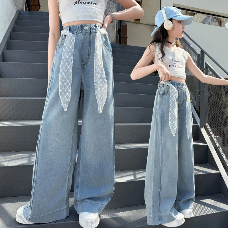 女童阔腿裤2025春夏新中大童时尚女孩薄款网红直筒牛仔裤儿童裤子