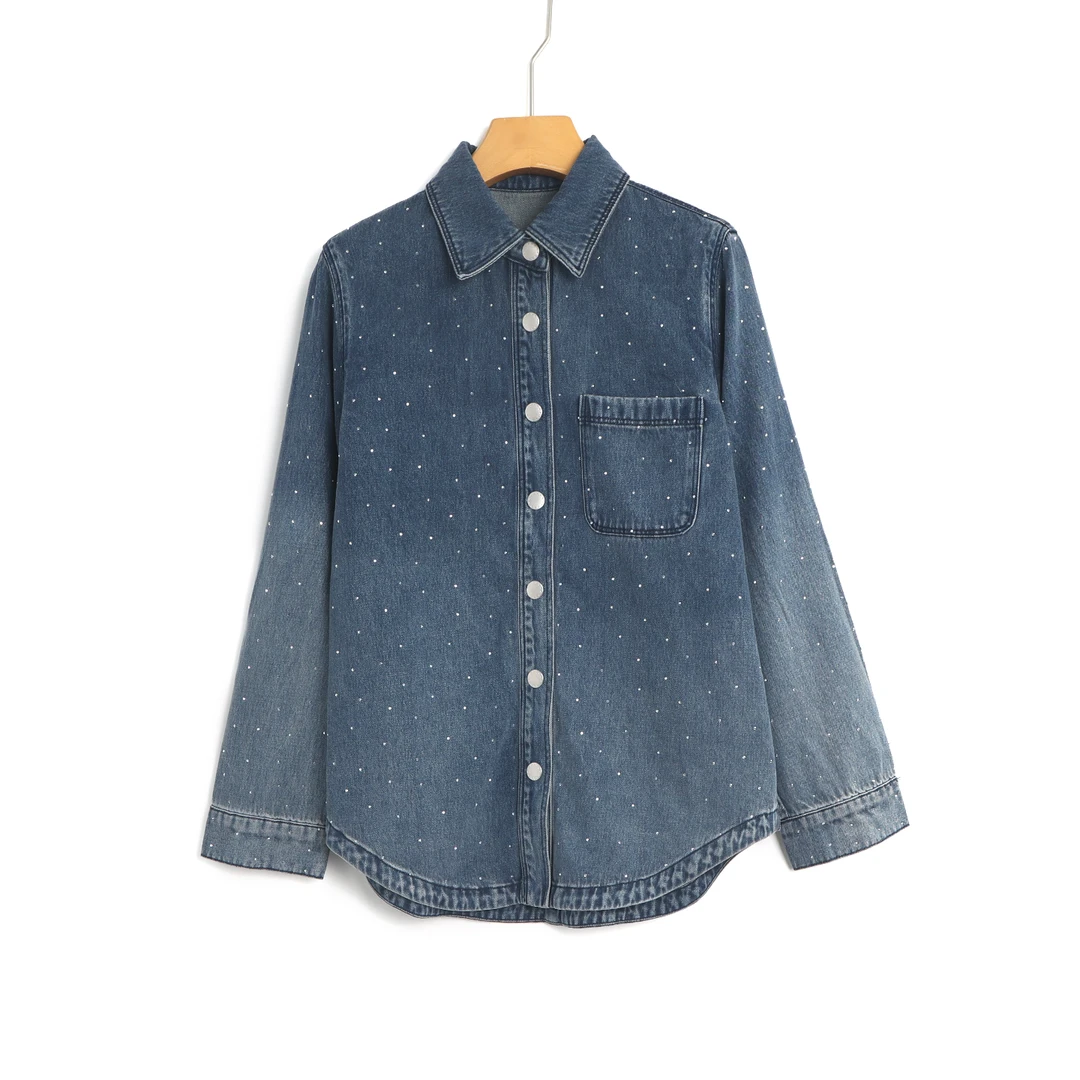 Y 【叭哒不惑】莱赛尔烫钻时尚翻领牛仔衬衫女休闲百搭上衣