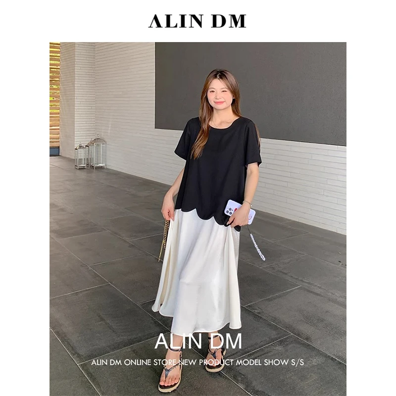 ALINDM【黑白花序】大码微胖mm小众设计感拼接假两件连衣裙 AS26390