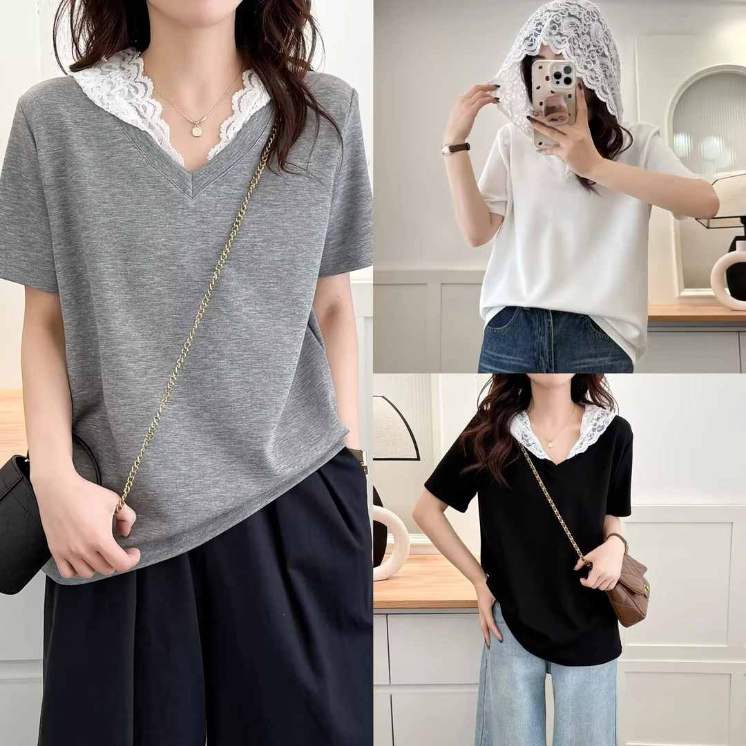 大码女装夏季新款时尚休闲气质百搭宽松显瘦蕾丝连帽短袖T恤