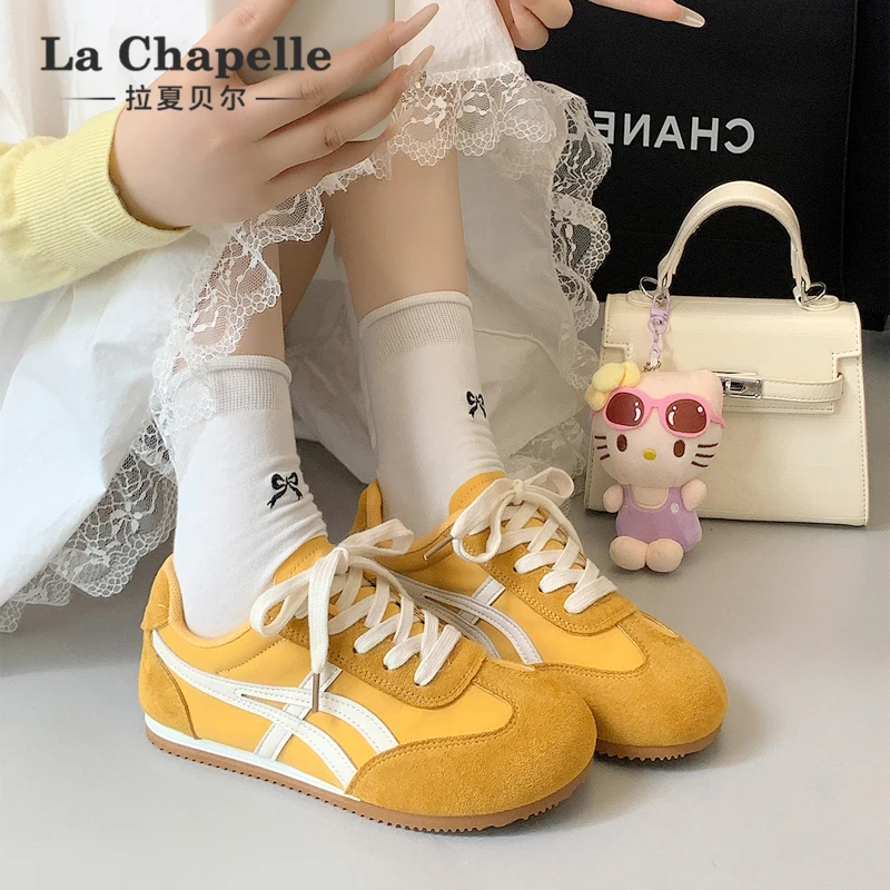 拉夏贝尔鞋子黄色德训鞋女2025夏季新款爆款韩系百搭休闲阿甘鞋潮