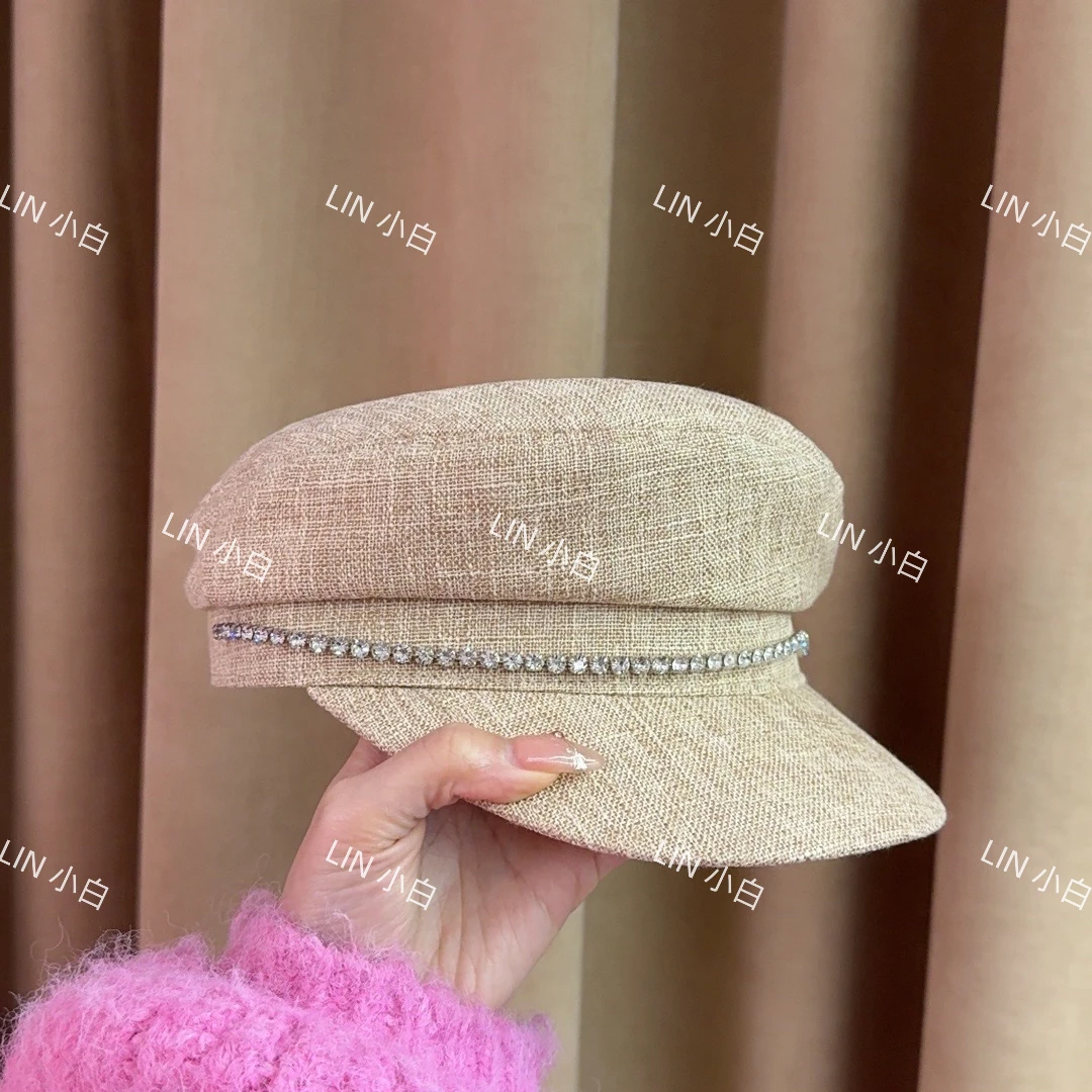 LIN 小白 洋气加密水钻名媛风复古帽