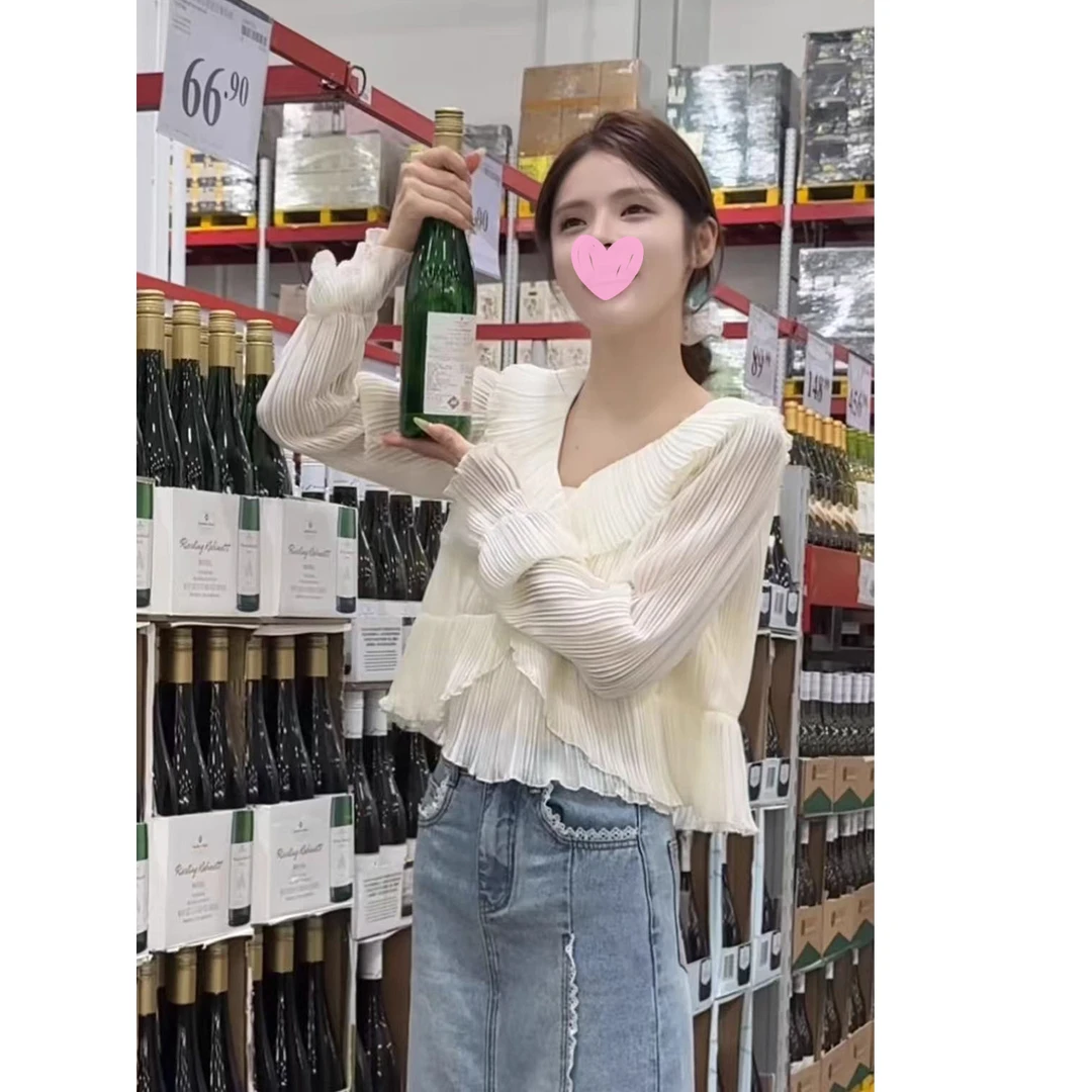 张元一同款女装法式甜美风荷叶边V领雪纺衬衫女初秋时尚减龄上衣