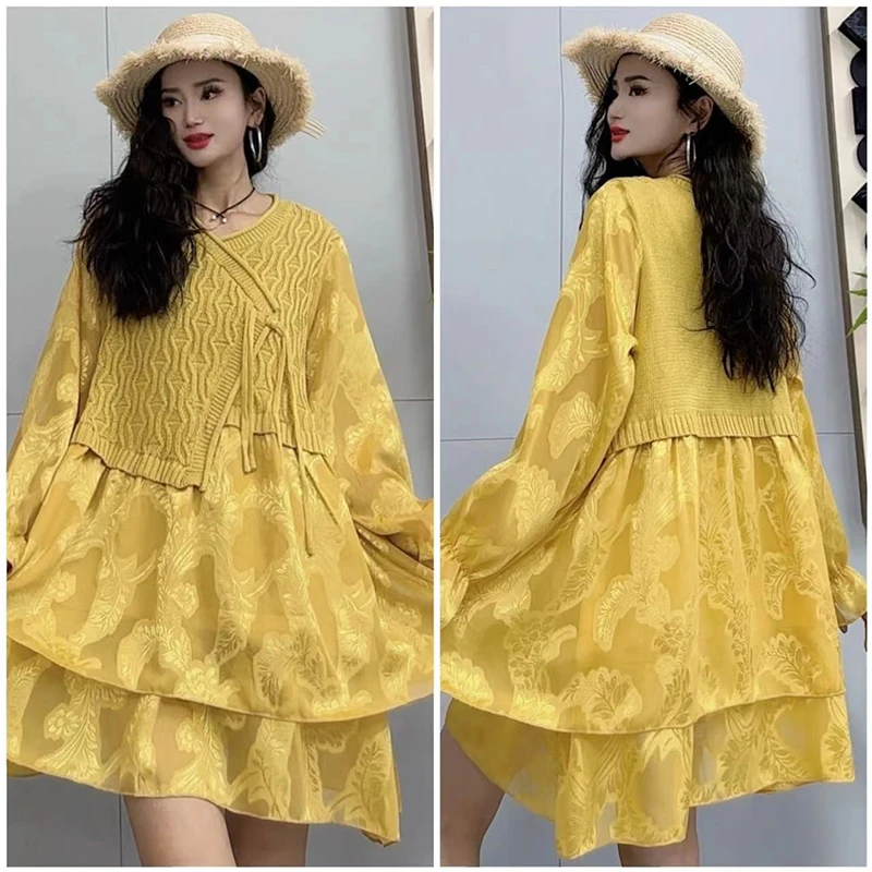 夏季大码长袖针织连衣裙女2025新款时尚经典百搭上衣连衣裙-66532