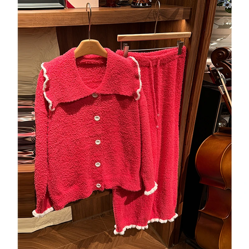 米诗缇【半边绒娃娃领玫红色】小众设计师可外穿长袖长裤睡衣家居服