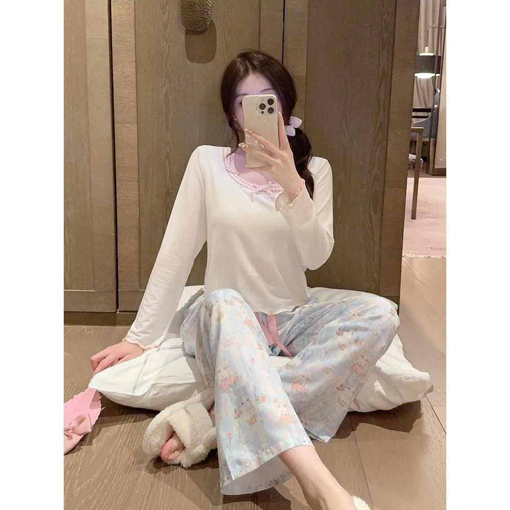 SUAM RUO带胸垫睡衣女款莫代尔春秋季长袖长裤可爱长袖家居服套装