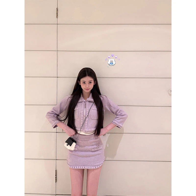 千金紫色木耳边外套宽松短款上衣高腰百搭休闲牛仔裤百搭短裙套装