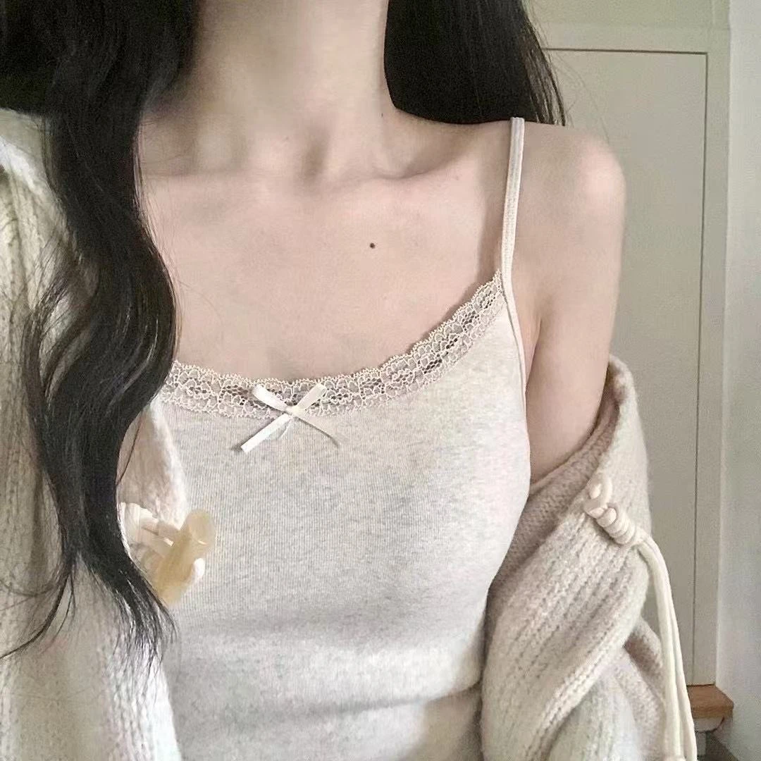 内搭纯欲修身蕾丝蝴蝶结吊带舒适百搭打底纯色美背带胸垫背心女
