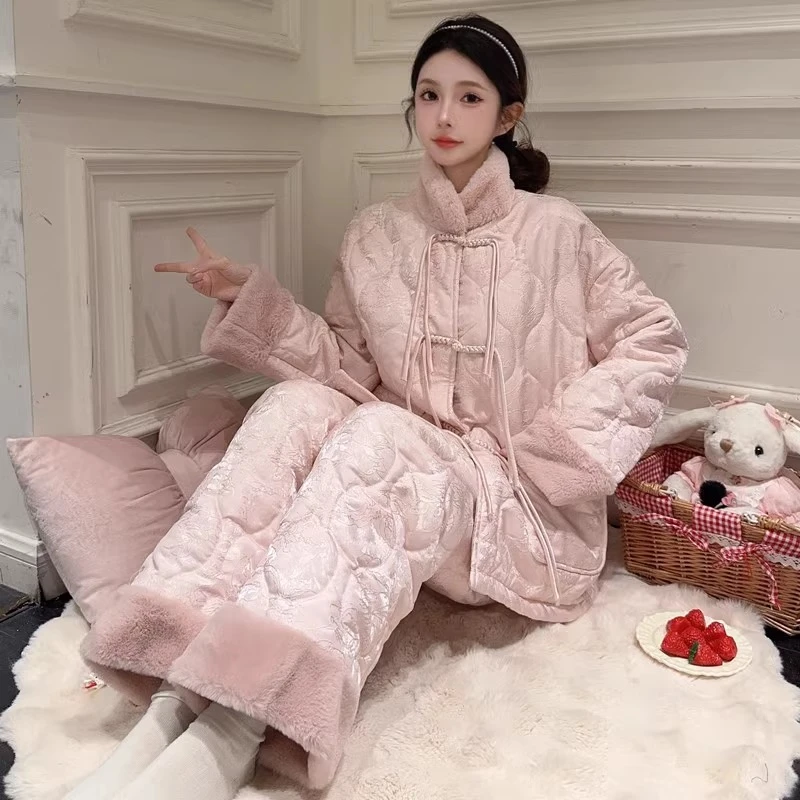 三层夹棉厚绒珊瑚绒睡衣女款冬季爆款加厚甜美可外穿家居服套装