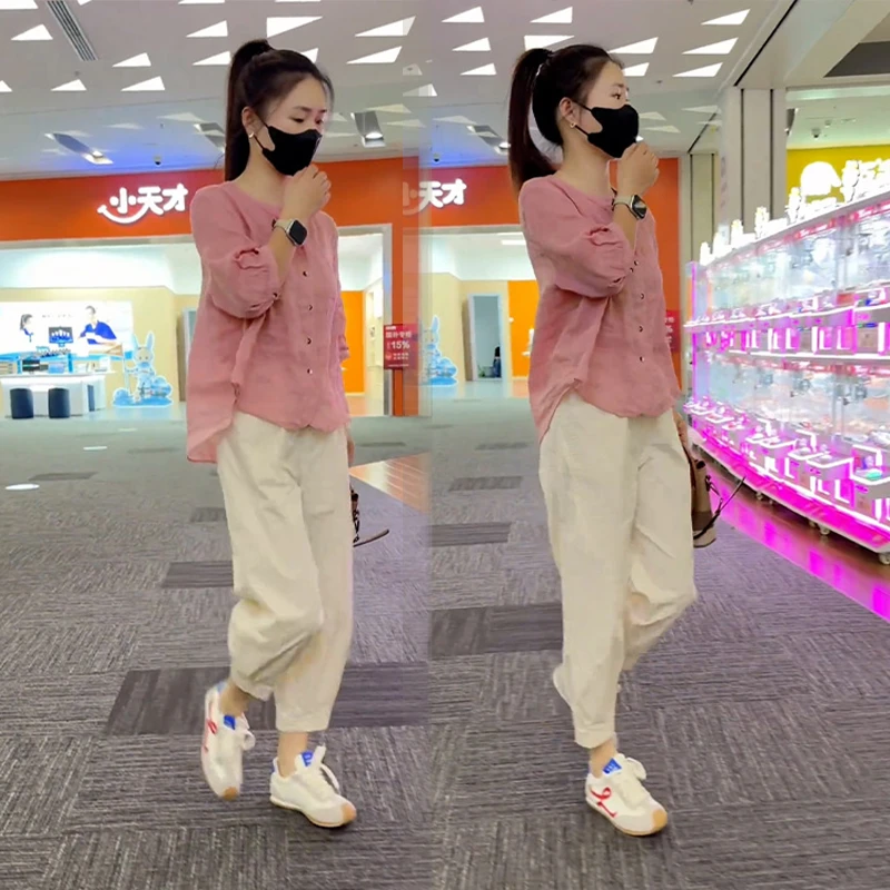 2025夏季新款时尚套装女韩版宽松显瘦粉色衬衫休闲九分裤两件套装