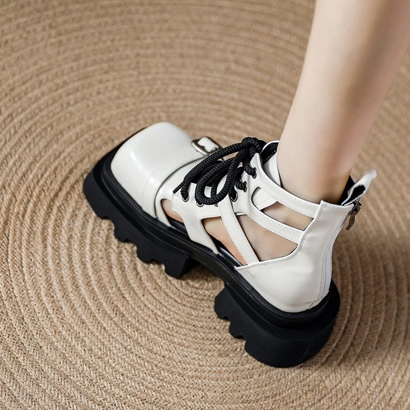 编织厚底镂空系带黑色短款罗马包头女夏季时装凉鞋马丁靴