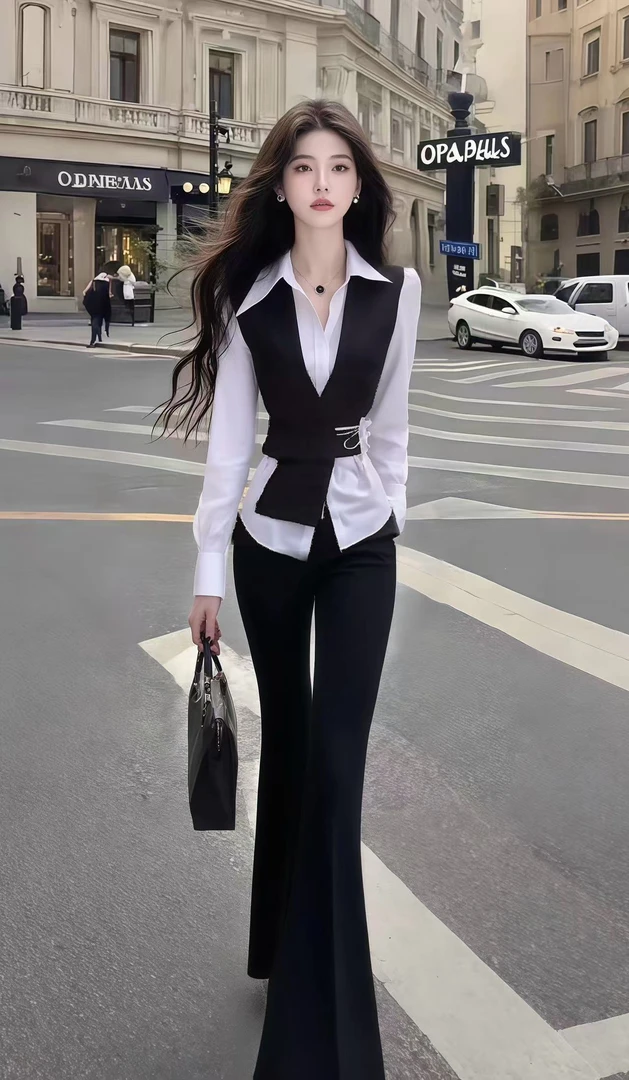 轻奢时尚高端大气白色衬衫领长袖上衣+黑色长裤两件套氛围感穿搭