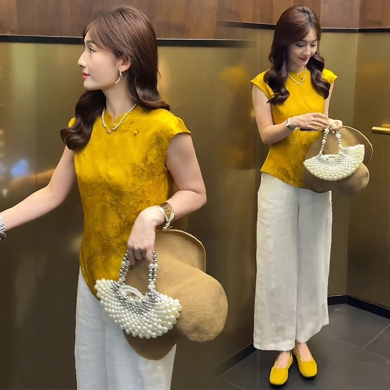 新中式国风时尚套装女2025夏季新款洋气盘扣衬衫高腰阔腿裤两件套