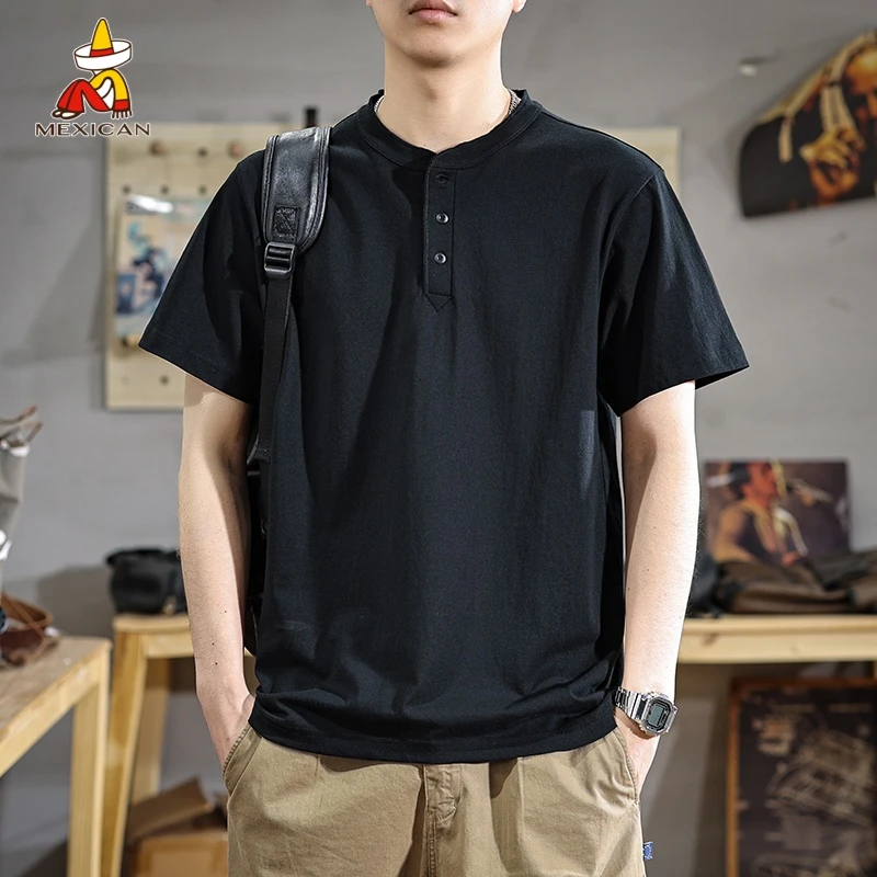 Mexican/稻草人夏季纯棉亨利领短袖男款T恤美式潮牌男士polo衫薄t