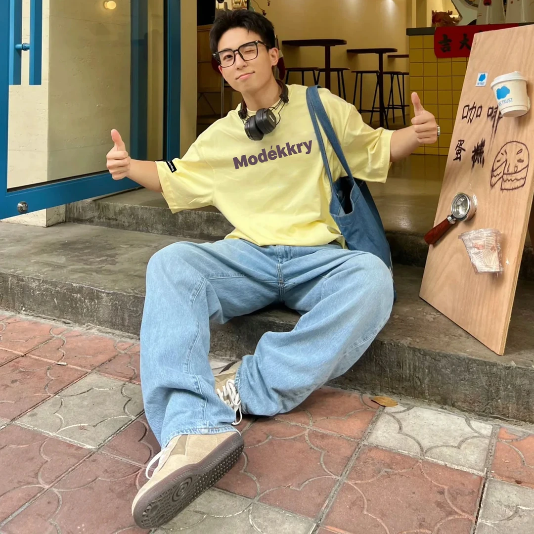 100%纯棉美式简约字母印花奶黄色短袖t恤男女夏季休闲情侣款上衣