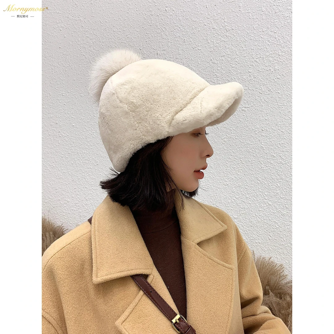 默尼密司品牌韩版整皮獭兔毛鸭舌帽女冬季保暖狐狸毛球皮草帽子