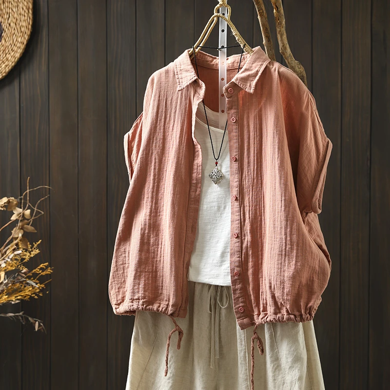 下摆抽绳纯棉纱短袖衬衫女宽松大码夏文艺休闲翻领软糯单排扣衬衣