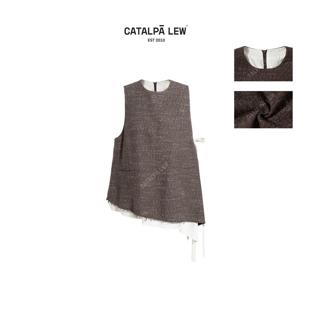 CatalpaLew「秋暮里」墟生美学羊驼毛斜襟绑带假两件背心#C52649