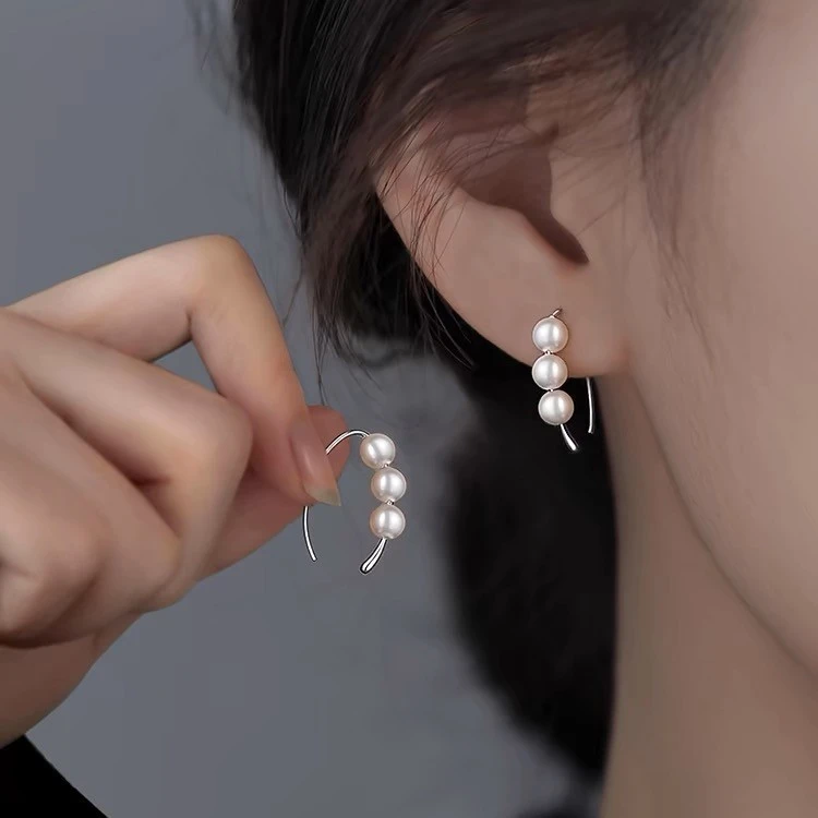 足银耳饰 E0056 s999纯银小珍珠耳环气质轻奢法式设计感耳钩