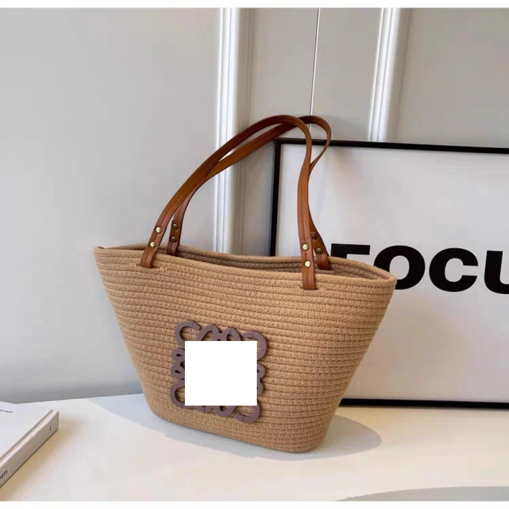 高颜值女士编织沙滩包夏季度假大容量手提包草编皮革托特包