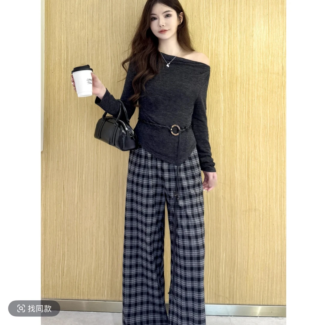 #7130春秋复古无斜肩上衣垂感薄款阔腿裤时尚两件套