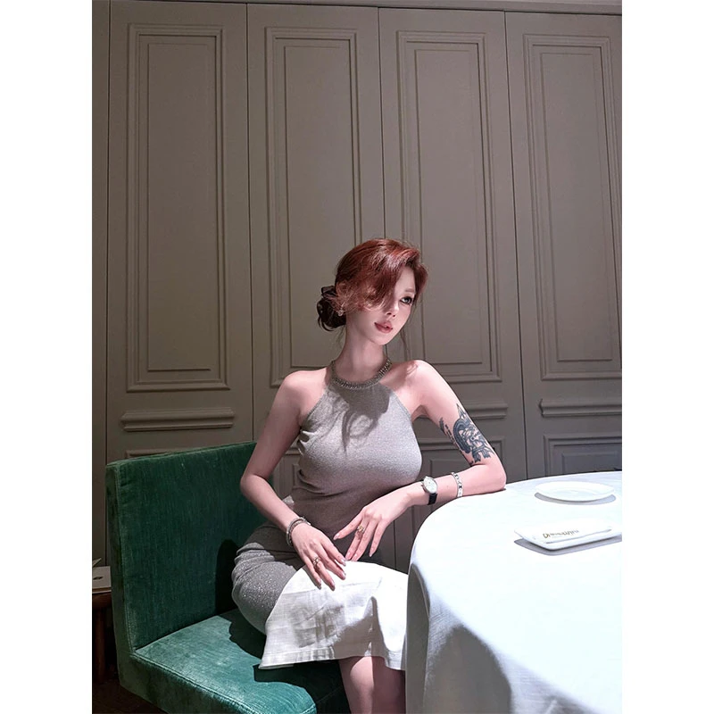 灰色细闪无袖露肩连衣裙女法式高级感御姐范气质名媛收腰包臀长裙