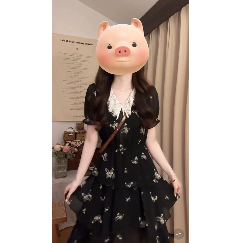 MO88ZSPF大码蕾丝拼接黑色蛋糕连衣裙2025夏季V领收腰显瘦长裙仙