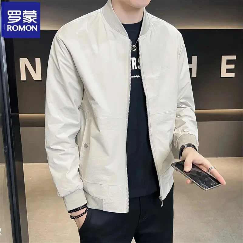 Romon/罗蒙新款棒球领男款男士外套春秋季修身纯色薄款休闲夹克男