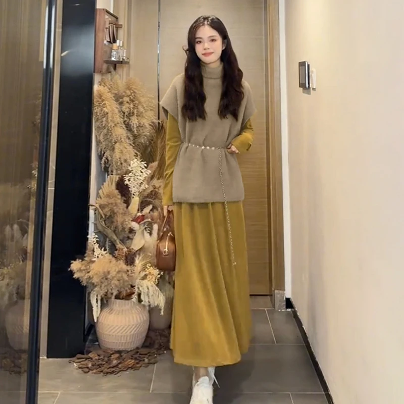 9753小个子香风高领针织毛衣套装连衣裙子女早春2025新款长裙