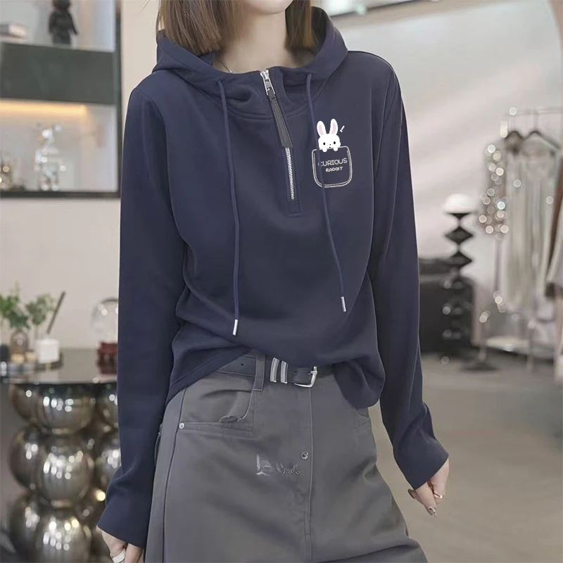 韩版气质时尚连帽卫衣女早秋新款小众设计半拉链减龄百搭上衣ins