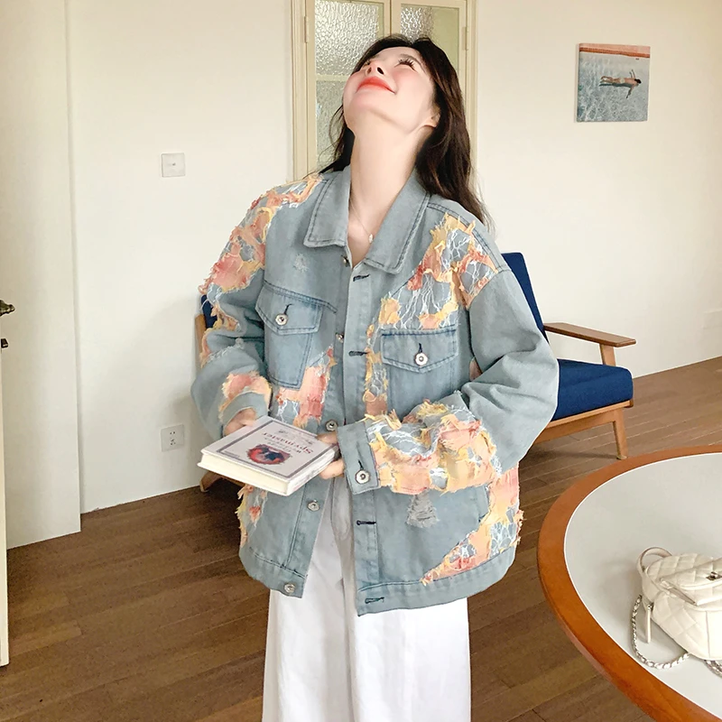 设计感破洞浅色牛仔外套女2025秋季新款小众独特小个子宽松短夹克