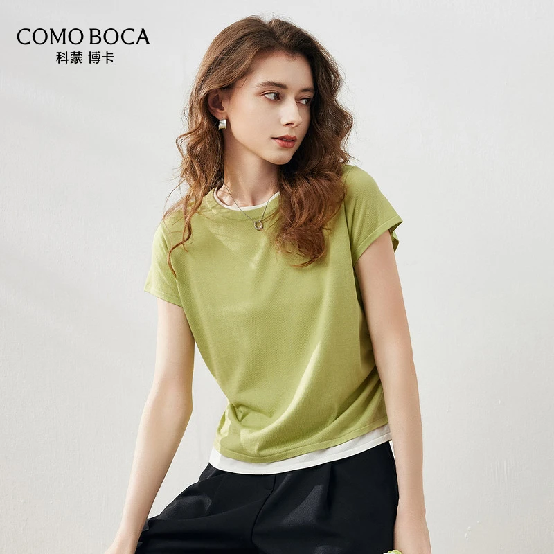 COMOBOCA/科蒙·博卡抽褶假两件含桑蚕丝套衫春夏针织短袖KST1103