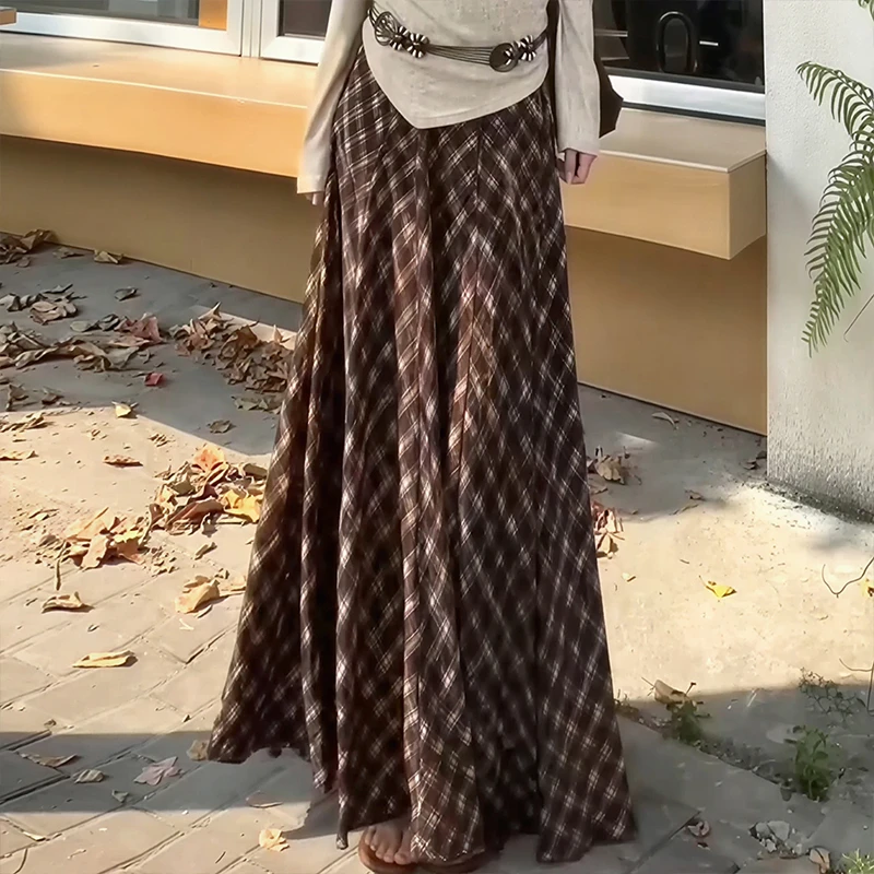 美式辣妹高腰大摆格子长裙女秋季新款宽松遮胯显瘦百搭半身裙