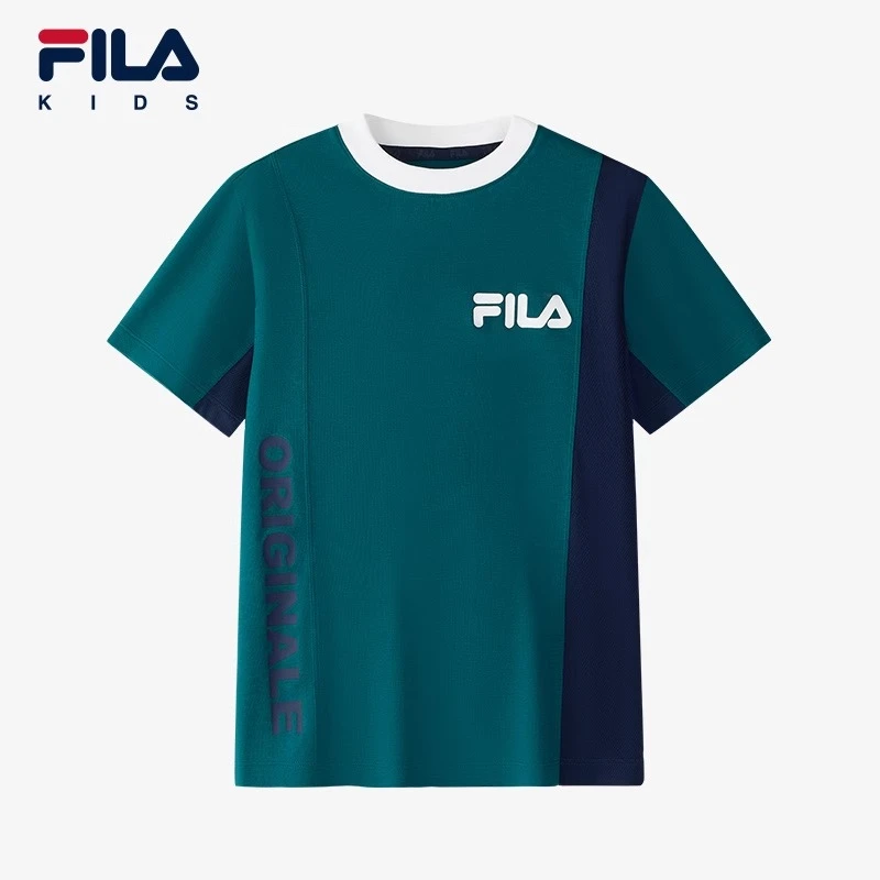 FILA斐乐男中大童2025新款儿童舒适宽松圆领针织短袖衫K12B511105