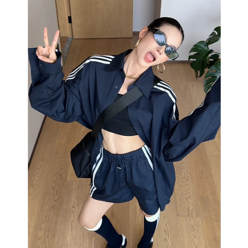 【去野】三条杠立领潮牌宽松休闲拼接美式复古衬衫+短裤