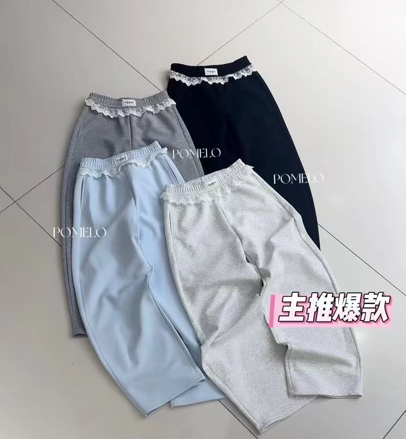 韩系蕾丝花边拼接高腰休闲卫裤1689